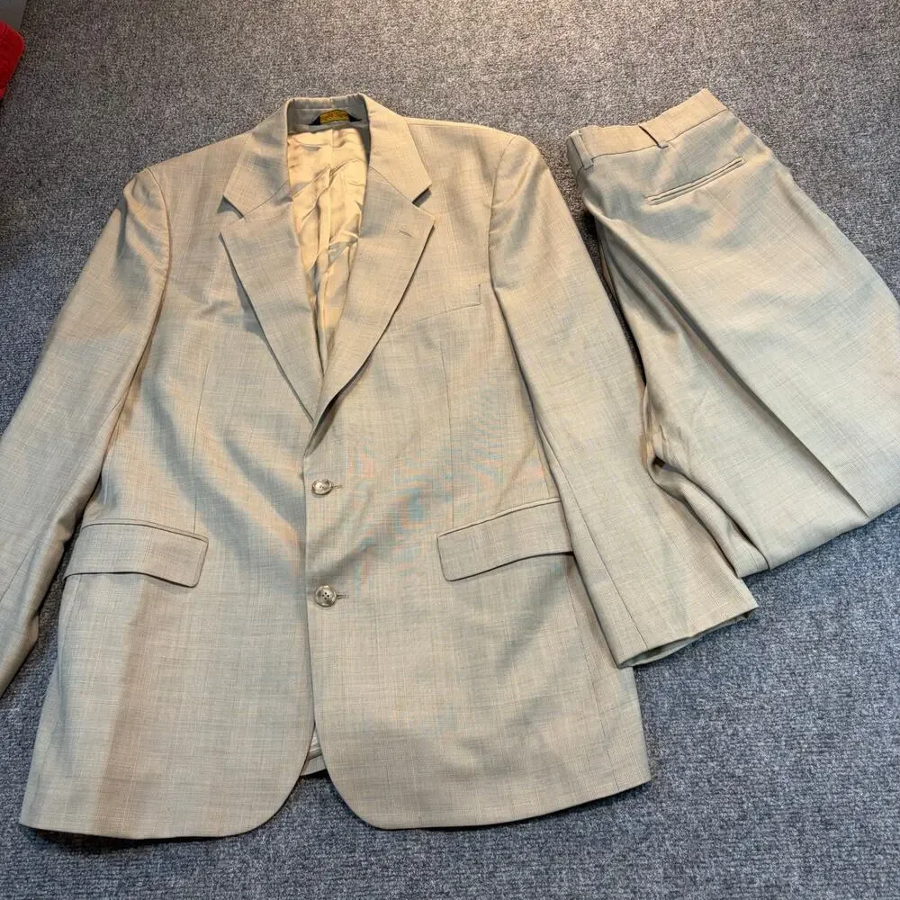 Vintage Brooks Brothers Tan Plaid Wool Suit Mens 42R 2 Piece Set Blazer Pants